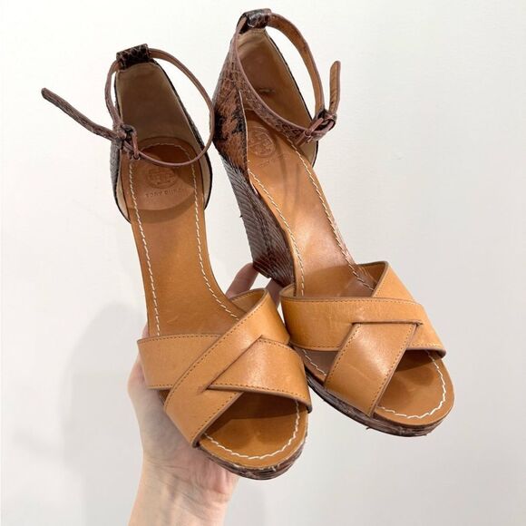 TORY BURCH Brown Leather and Python Platform Wedge Ankle Strap Sandals - Picture 4 of 11
